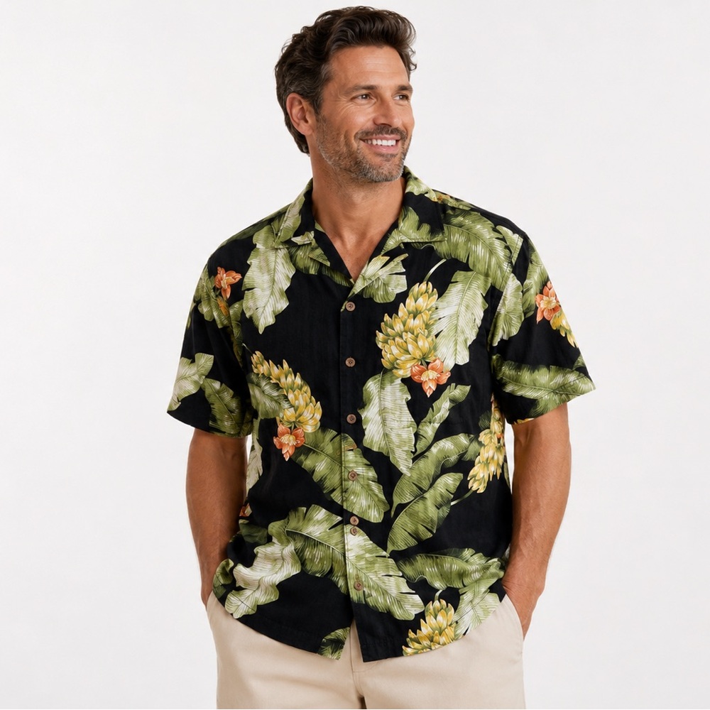 Tommy Bahama 100% Silk Hawaiian Camp Shirt Large Black Floral Tropical Aloha